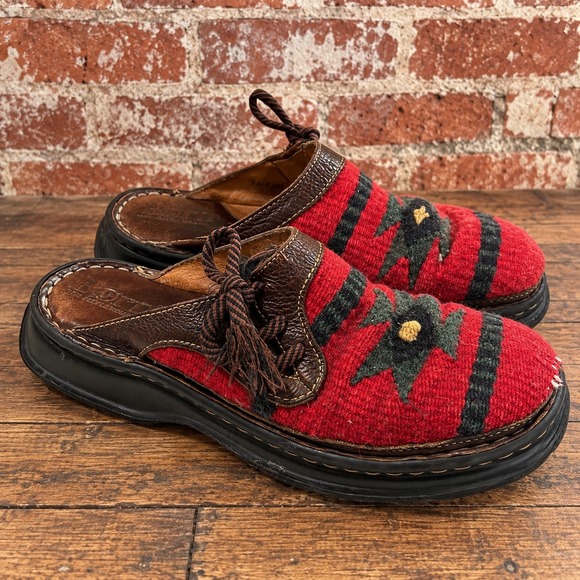 Born Shoes - Born Red Wool Southwestern Leather Mules Clogs 9 Tribal Aztec Boho Rustic Fall